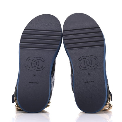 Chanel Goatskin Fabric Gladiator Sandals 36 Navy Blue Light Grey Yellow 5 of 16
