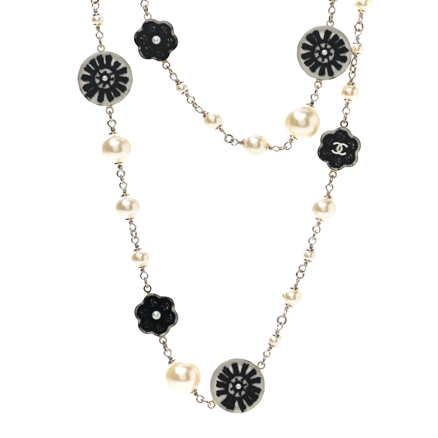 Chanel Pearl Resin Camellia CC Long Necklace Gold Pearly White Black 4 of 5