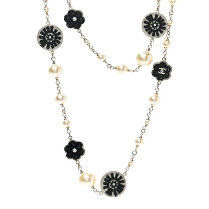 Chanel Pearl Resin Camellia CC Long Necklace Gold Pearly White Black 4 of 5