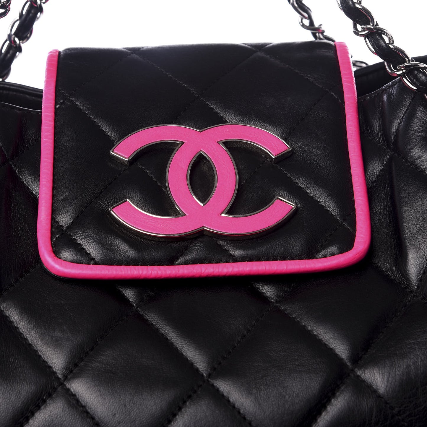 Lambskin Quilted CC Shopping Tote Black Pink