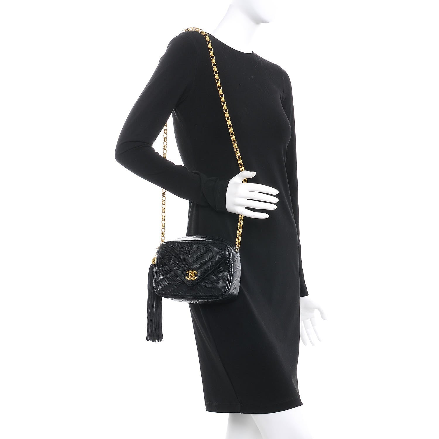 Chanel Lizard Chevron Quilted Small Tassel Camera Case Black 2 of 7