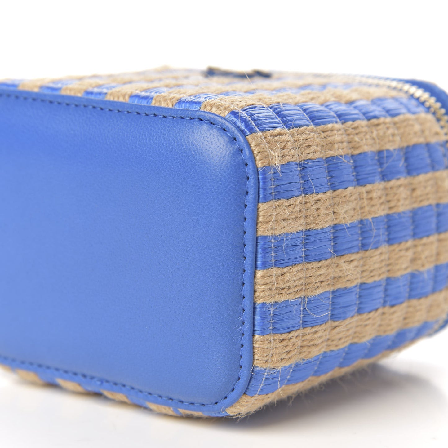 Raffia Jute Striped Mini Vanity Case With Chain Blue Beige