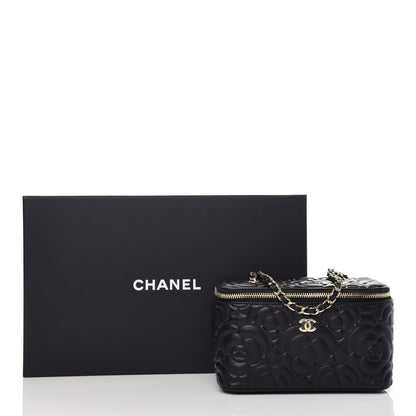 Chanel Goatskin Camellia Embossed Quilted Small Vanity Case With Chain Black 10 of 10