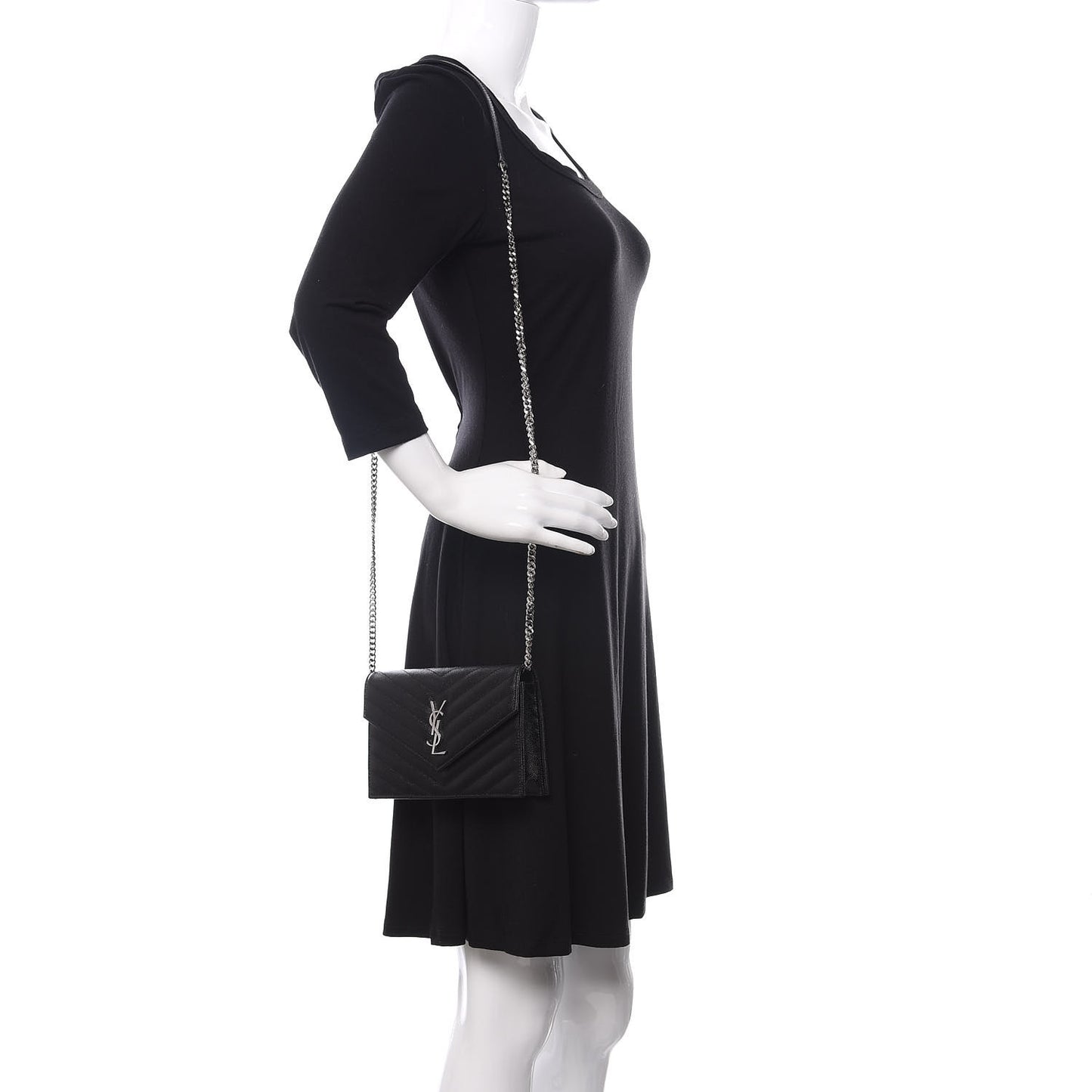 Grain De Poudre Matelasse Chevron Monogram Envelope Chain Wallet Black