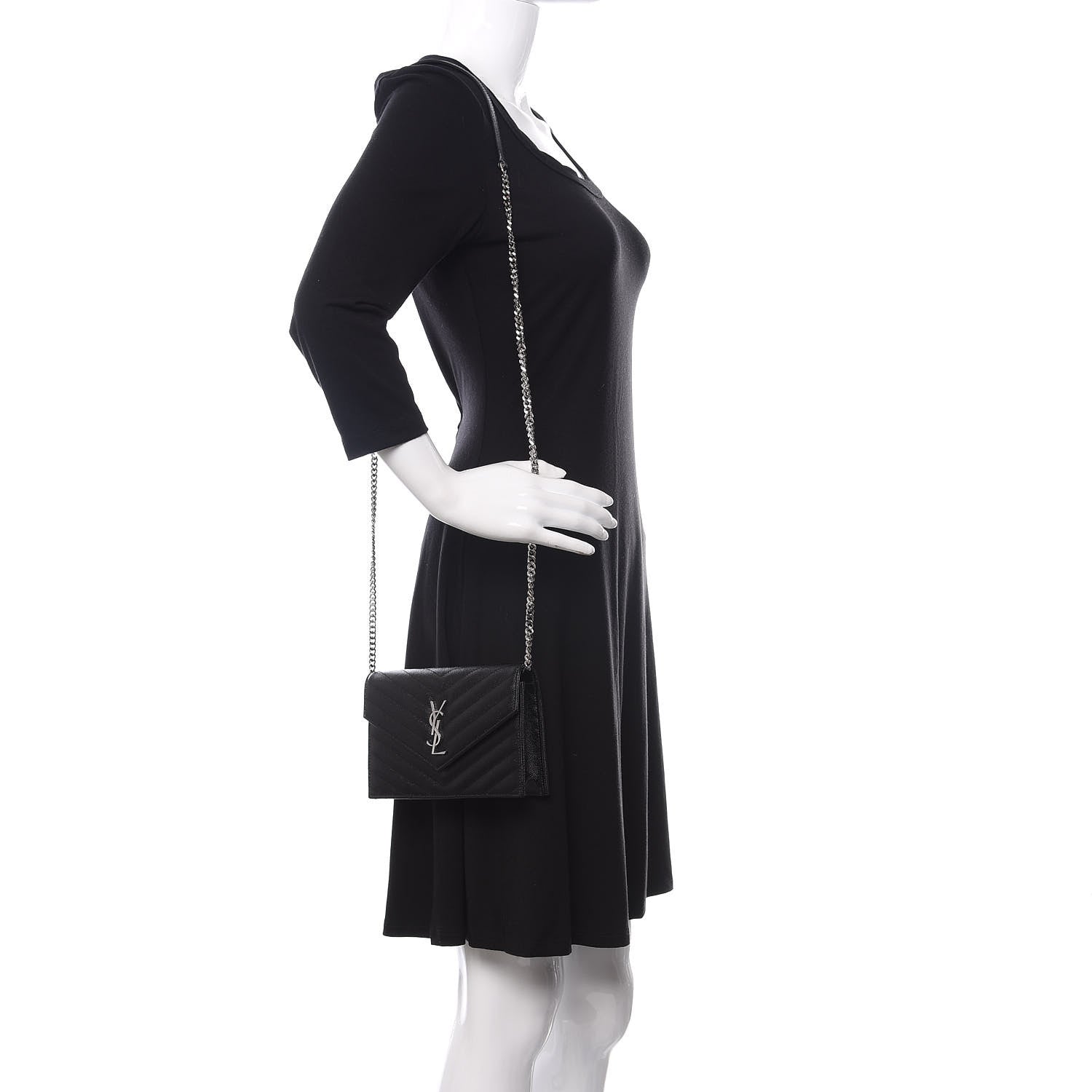 Saint Laurent Grain De Poudre Matelasse Chevron Monogram Envelope Chain Wallet Black 2 of 10
