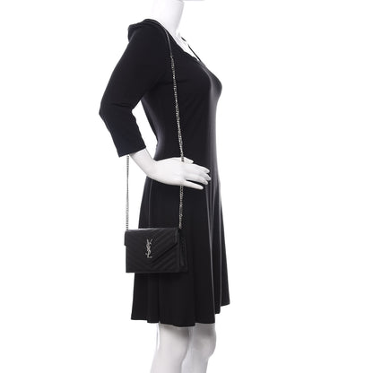 Saint Laurent Grain De Poudre Matelasse Chevron Monogram Envelope Chain Wallet Black 2 of 10