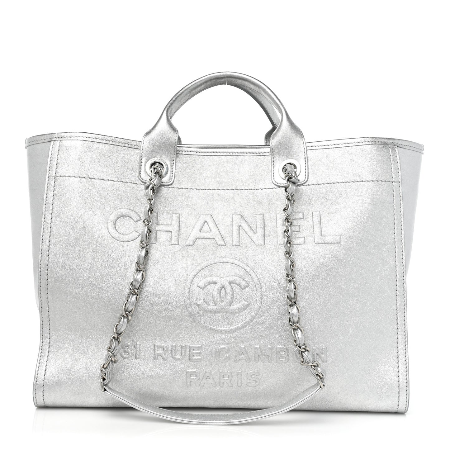 Metallic Calfskin Medium Deauville Tote Silver