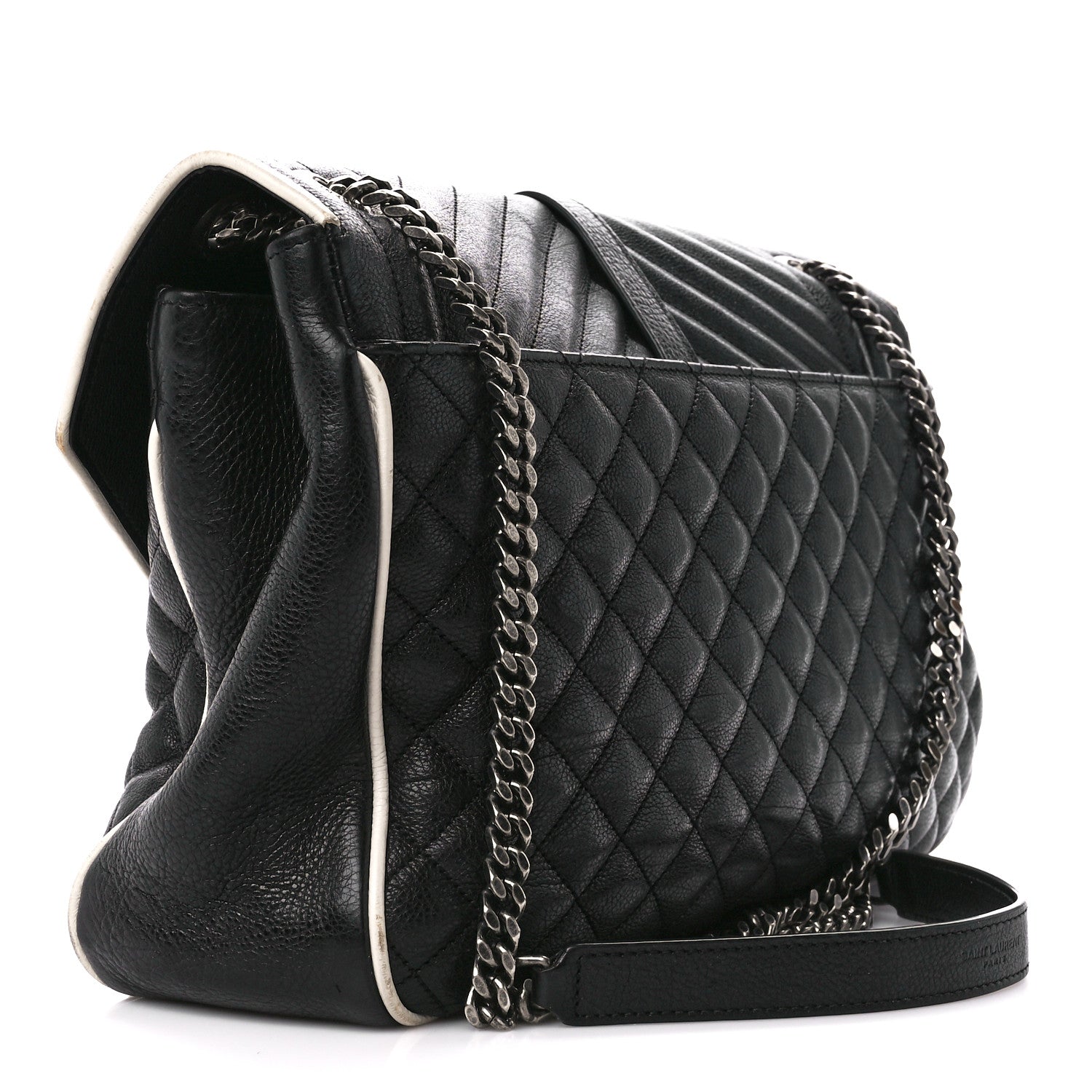 Saint Laurent Calfskin Mixed Matelasse Triquilt Large Monogram Envelope Satchel Black White 3 of 12