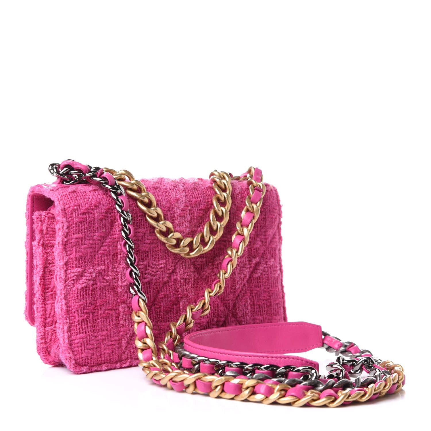 Chanel Wool Tweed Lambskin Quilted Chanel 19 Wallet On Chain WOC and Coin Purse Fuchsia 3 of 13