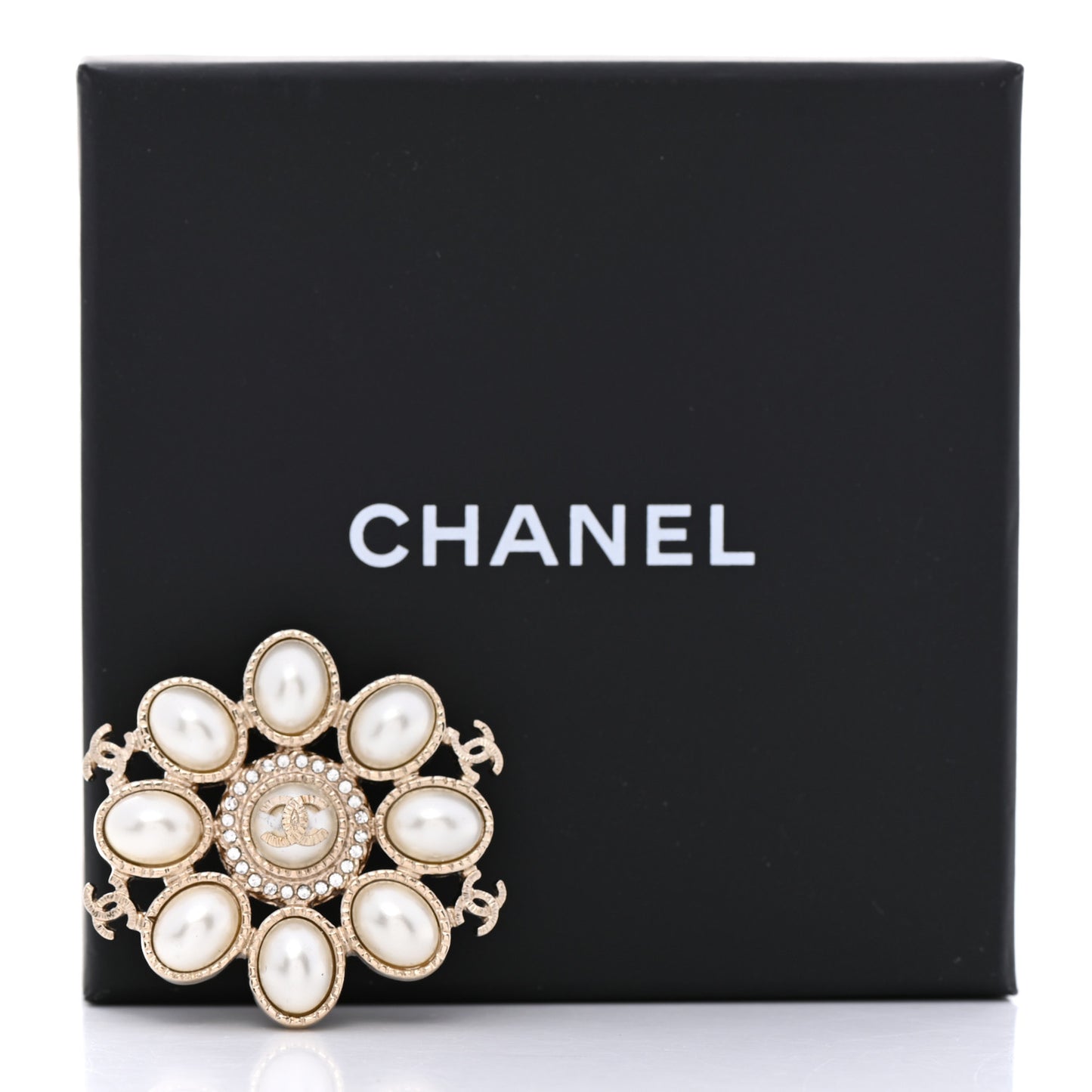 Pearl Crystal CC Brooch Pearly White Gold