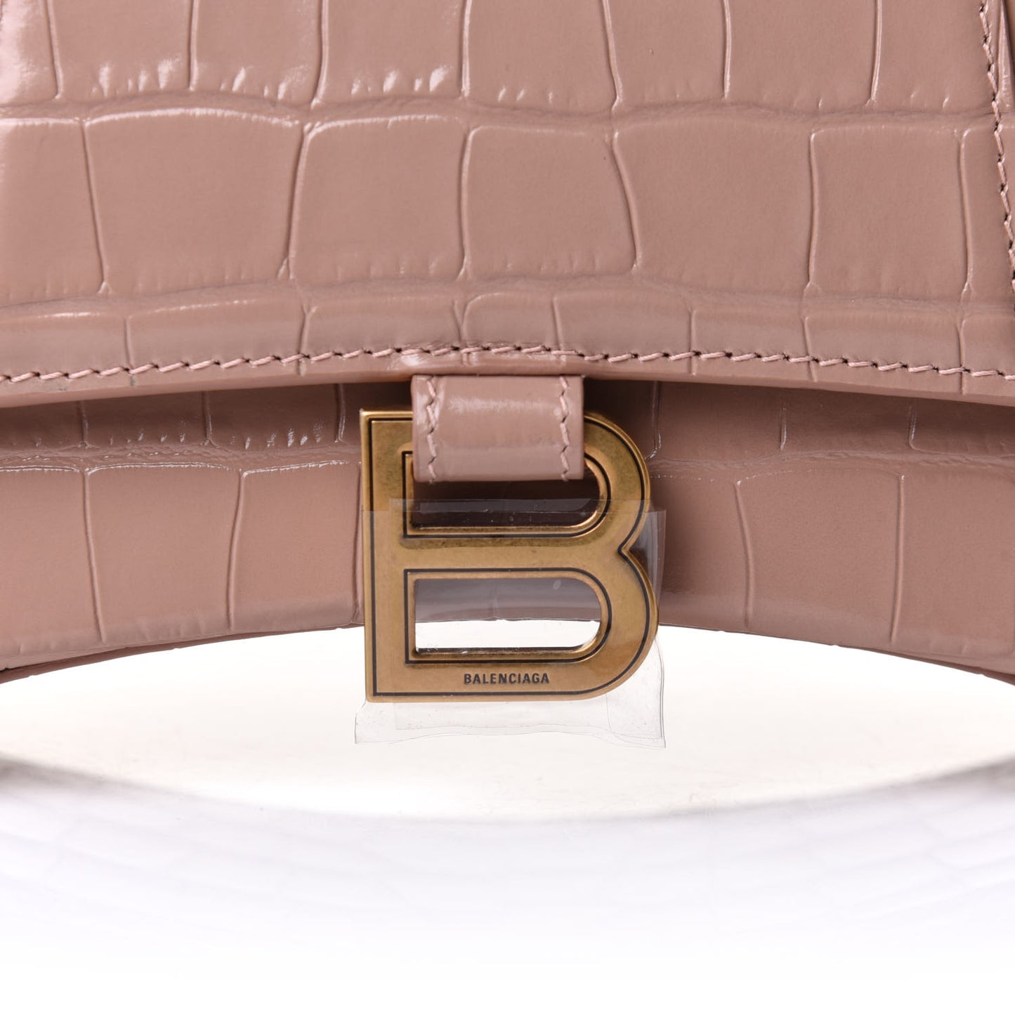 Shiny Calfskin Crocodile Embossed Small Hourglass Top Handle Bag Nude Beige