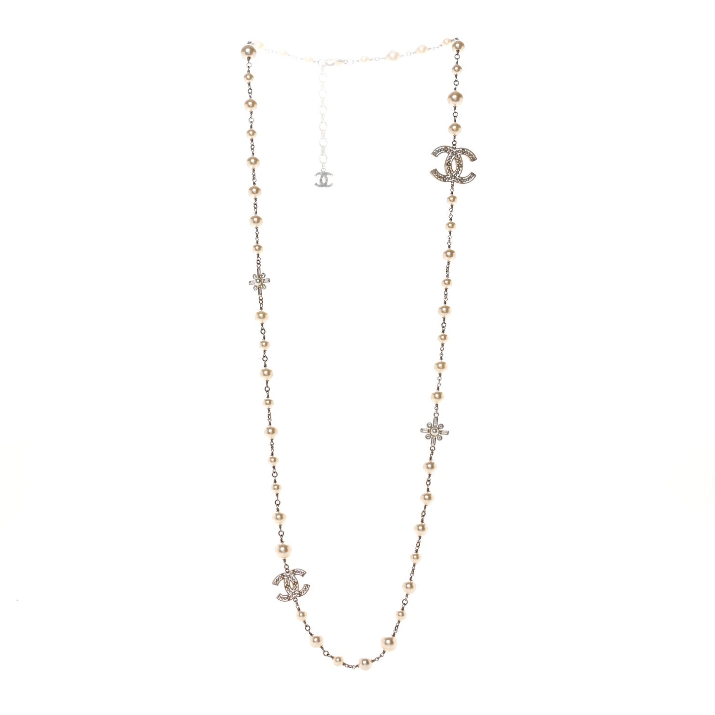 Crystal Baguette Pearl CC Cross Necklace Gold