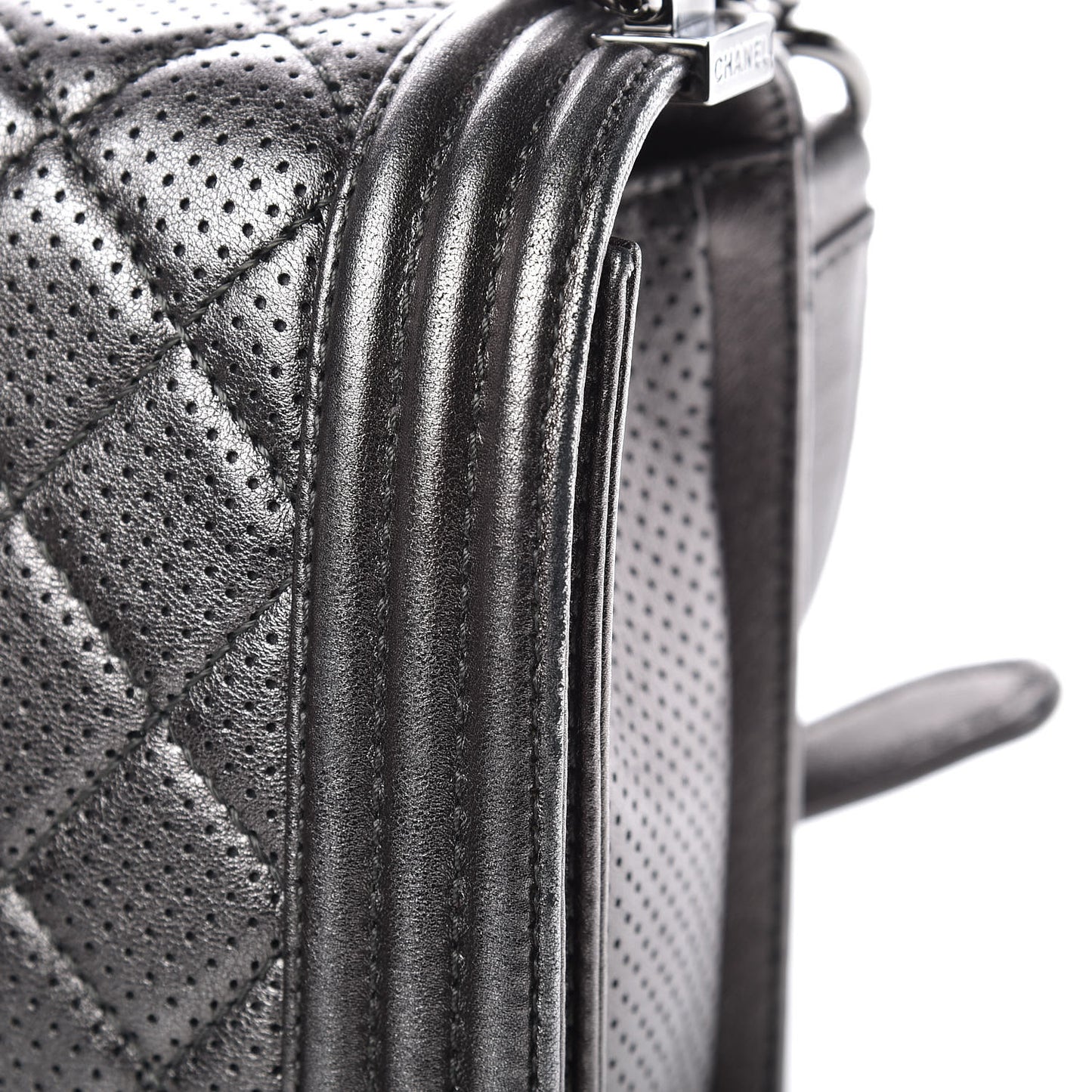 Metallic Lambskin Perforated New Medium Boy Flap Dark Silver
