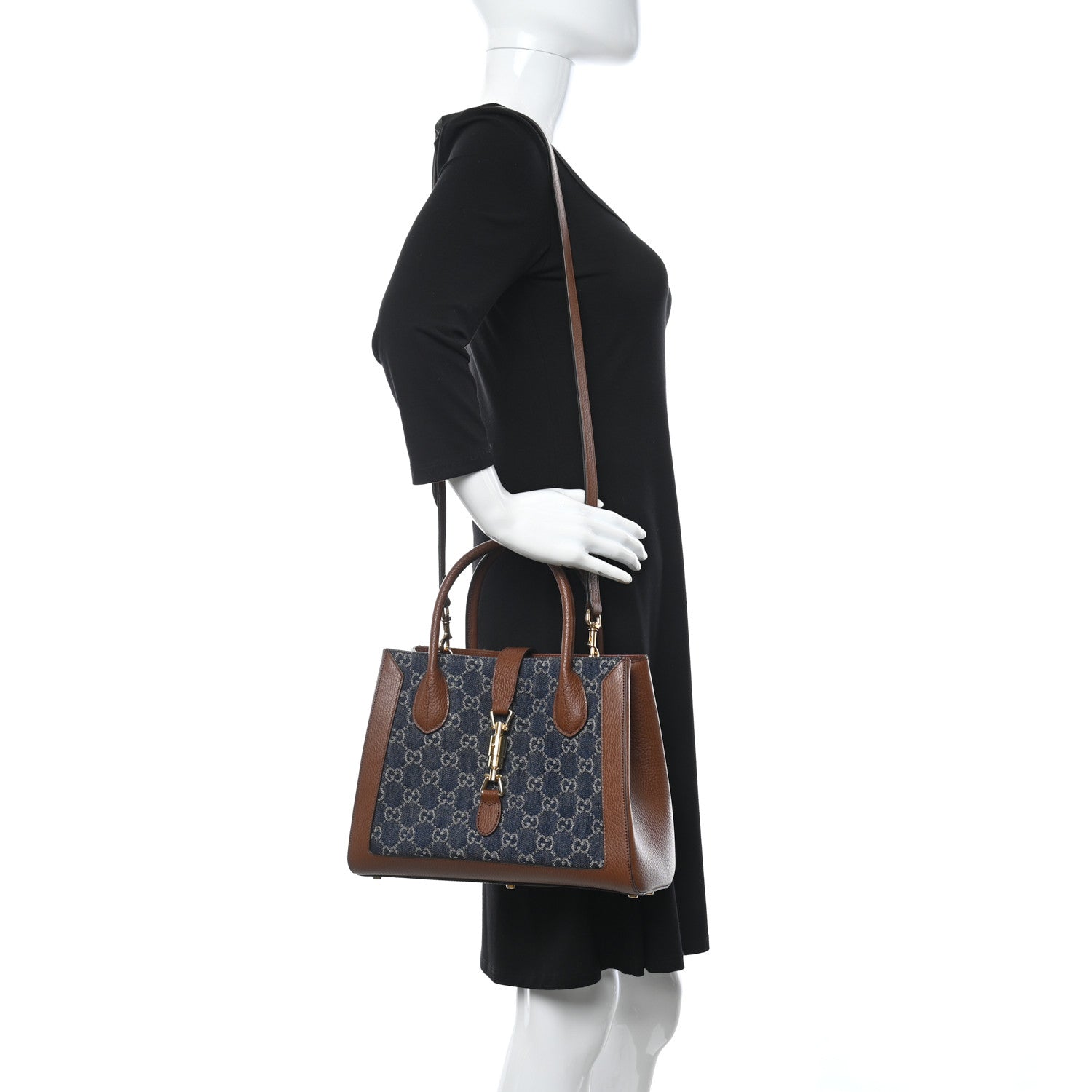 Gucci New Denim GG Monogram Dollar Calfskin Medium Jackie 1961 Tote Blue Tea Cuir Epilog 2 of 9