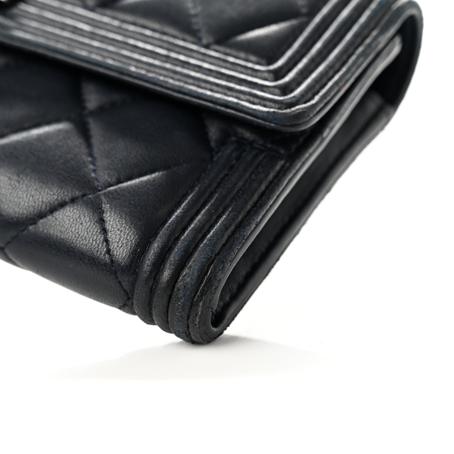 Lambskin Quilted Boy Large Gusset Flap Wallet Navy