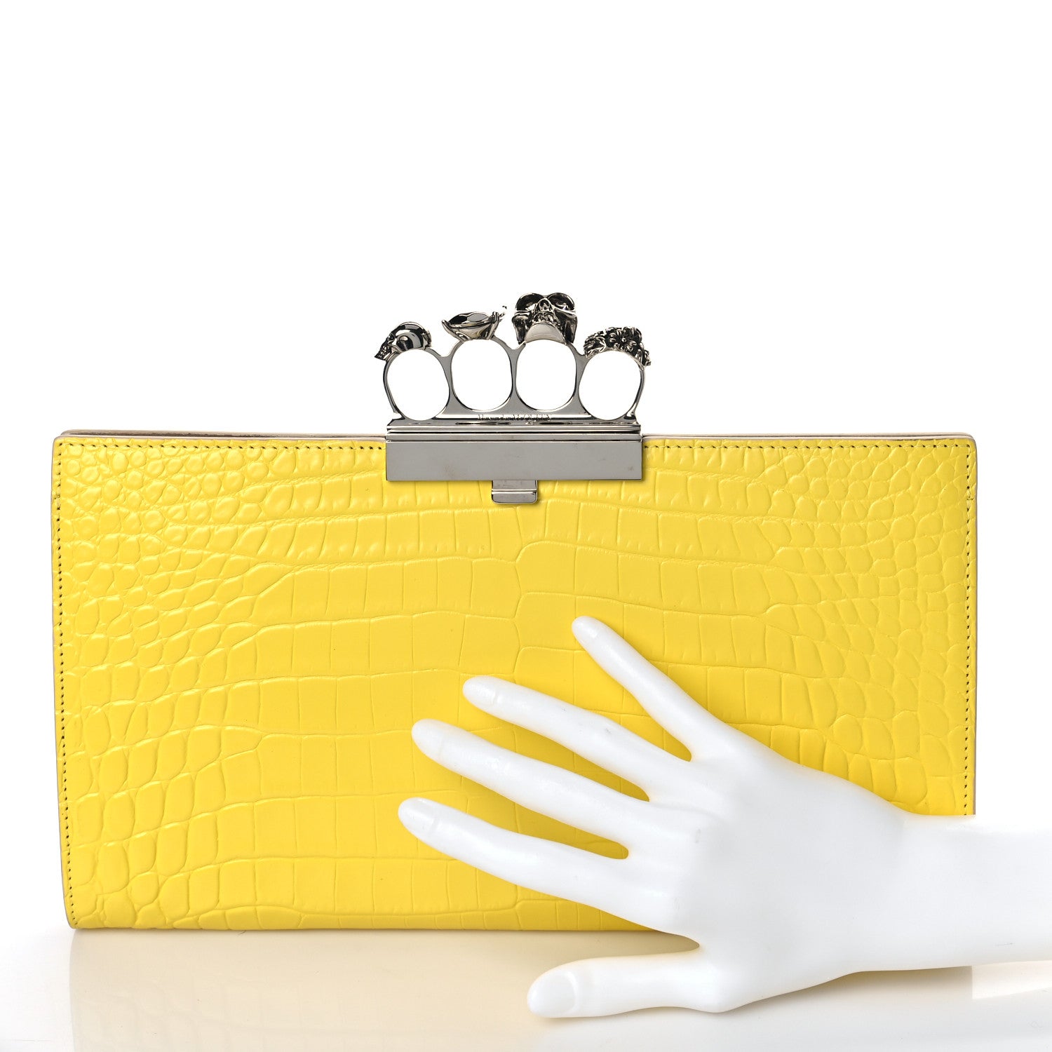 Alexander McQueen Calfskin Crocodile Embossed Knuckle Flat Clutch Yellow 2 of 9
