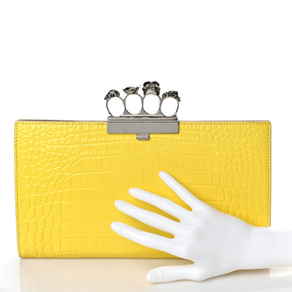 Alexander McQueen Calfskin Crocodile Embossed Knuckle Flat Clutch Yellow 2 of 9