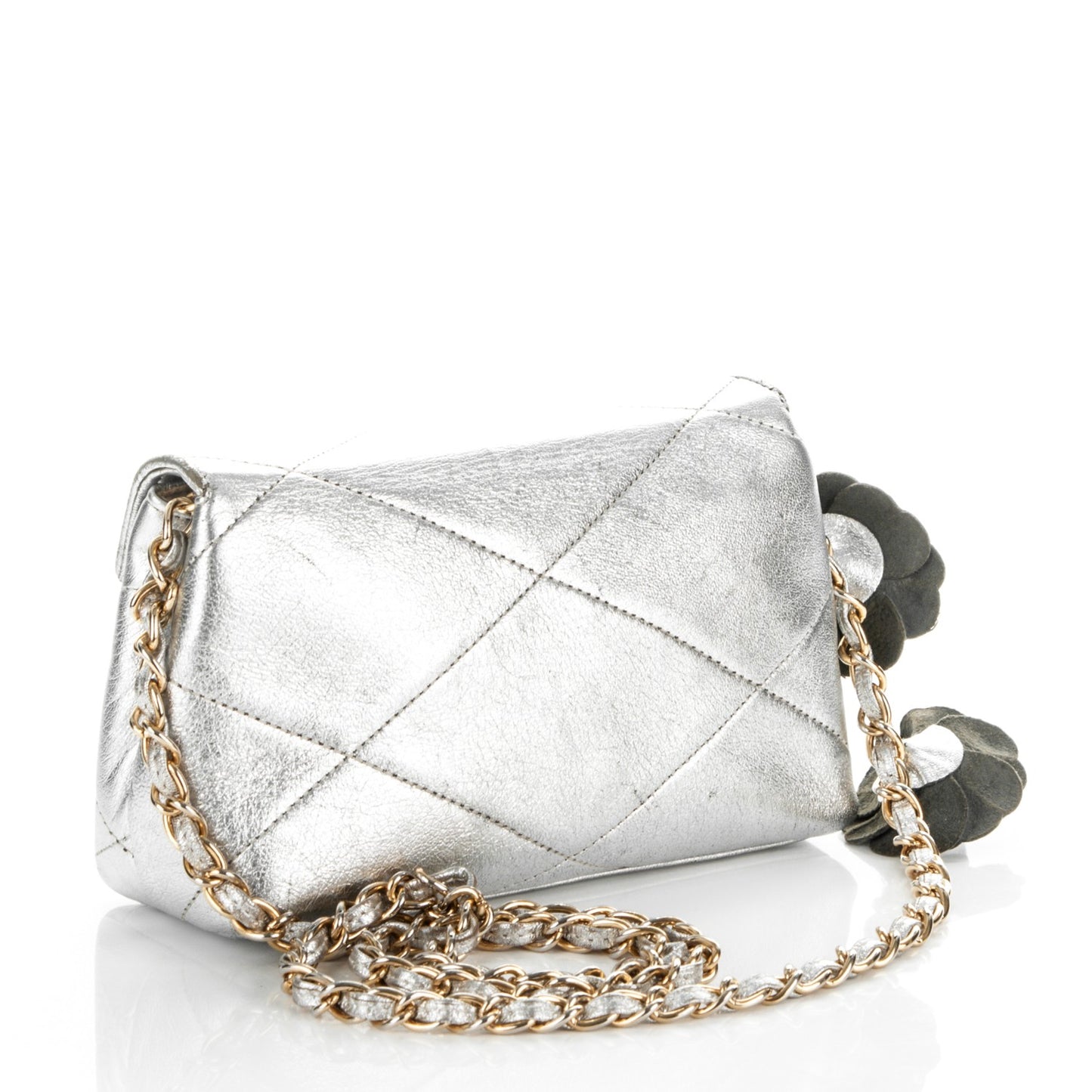 Metallic Lambskin Quilted Camellia Small Flap Silver