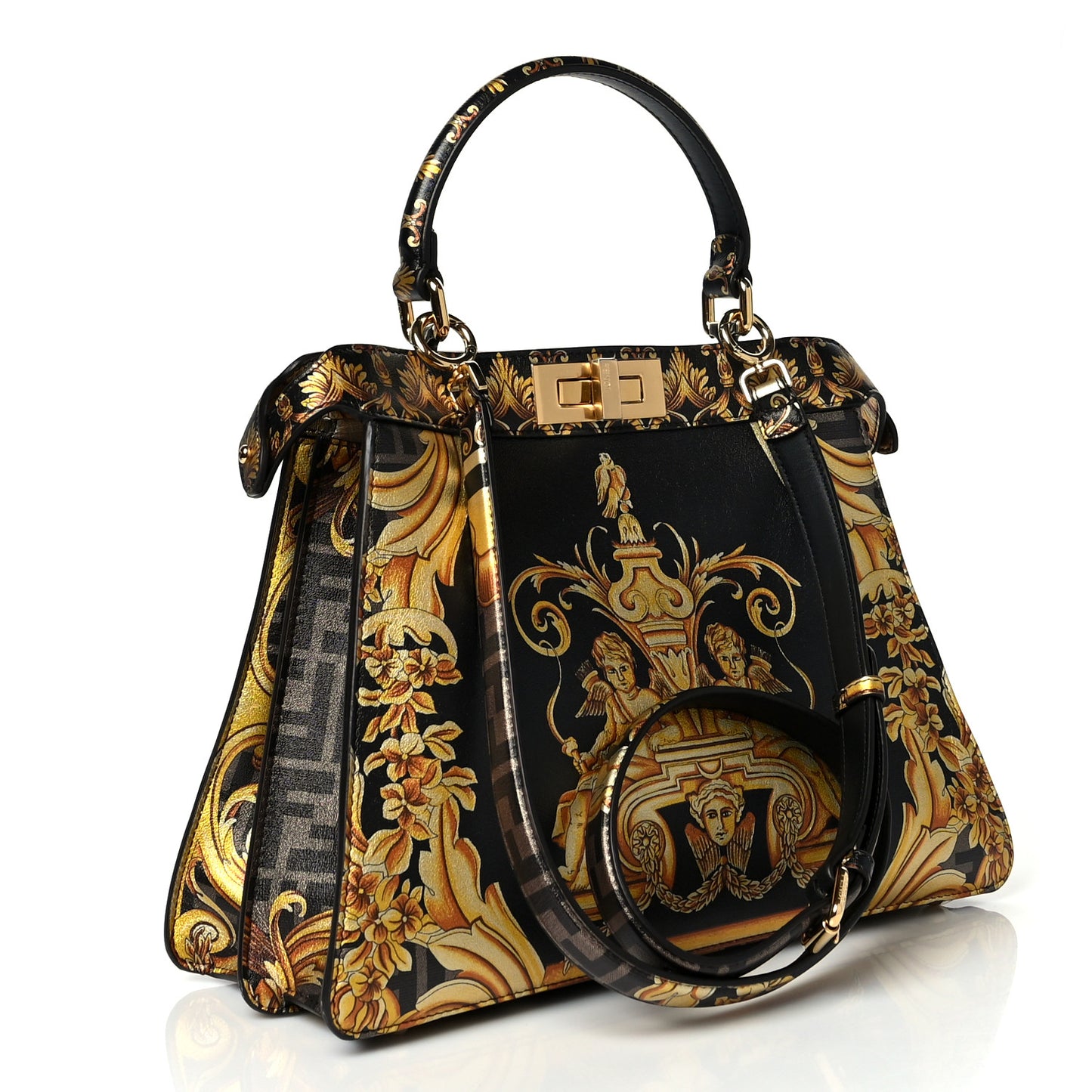 X VERSACE Vitello Seta Nappa Fendace FF Baroque Medium Peekaboo I SEE U Satchel Tobacco Black Gold