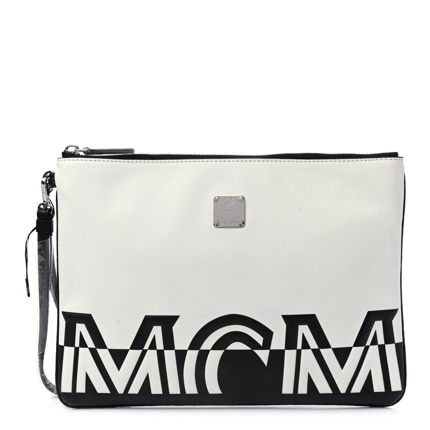 Calfskin Wristlet Logo Pouch Black White