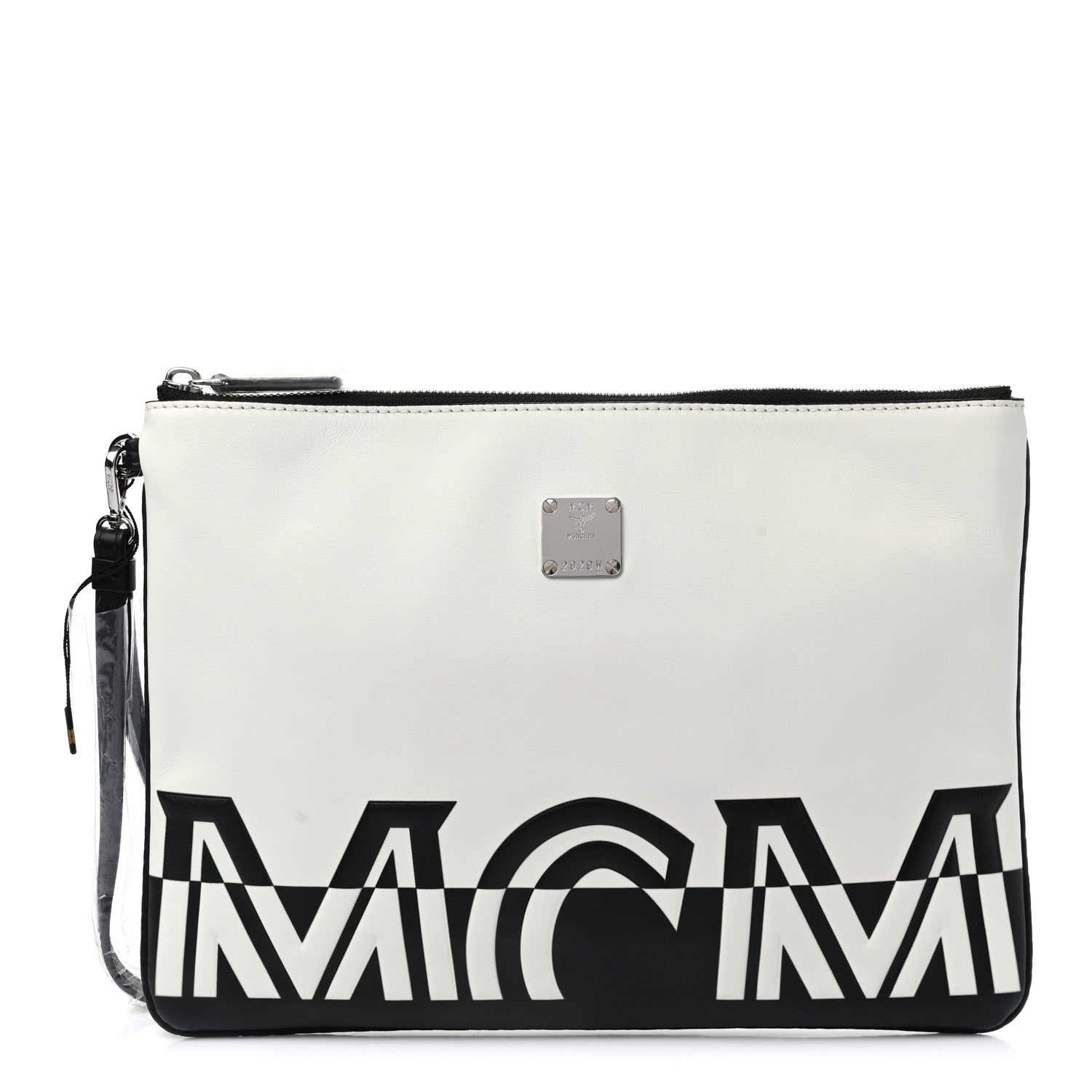 MCM Calfskin Wristlet Logo Pouch Black White 1 of 8