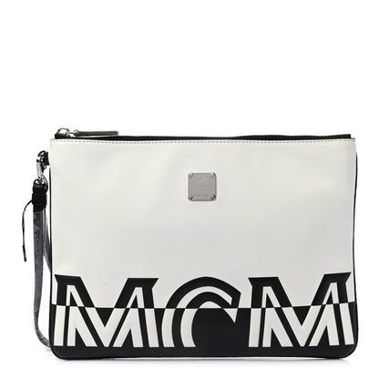MCM Calfskin Wristlet Logo Pouch Black White 1 of 8