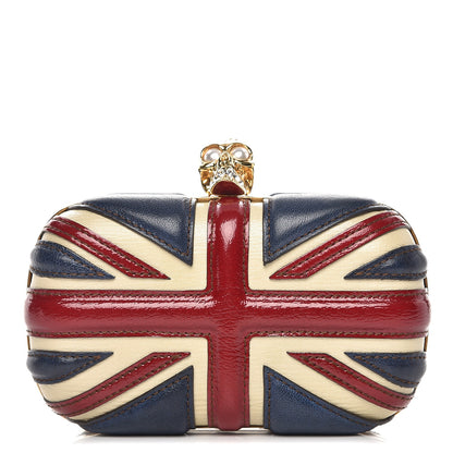 Alexander McQueen Patent Calfskin Britannia Skull Box Clutch Red Blue 1 of 9