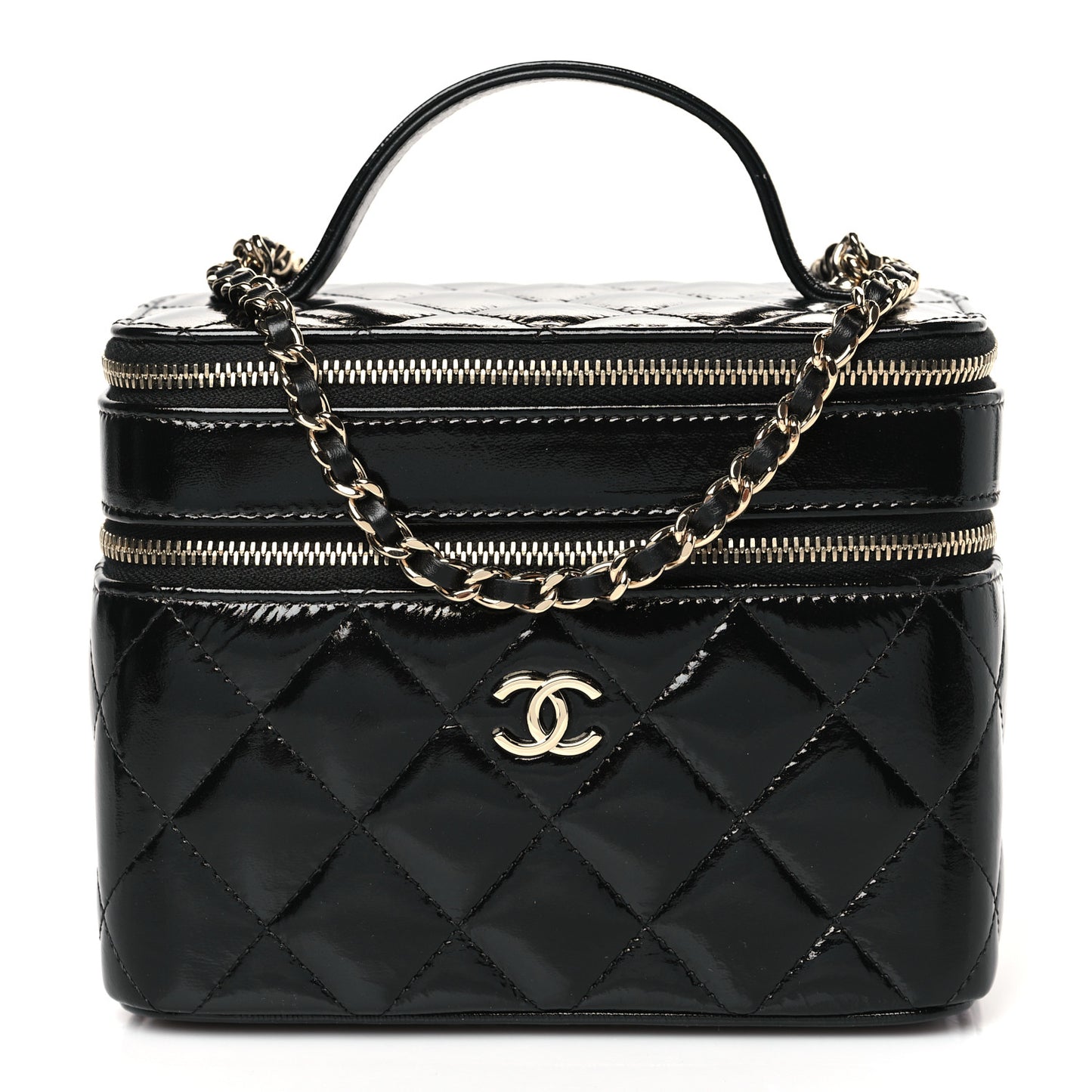 Shiny Lambskin Quilted Top Handle Vanity Case With Chain Black