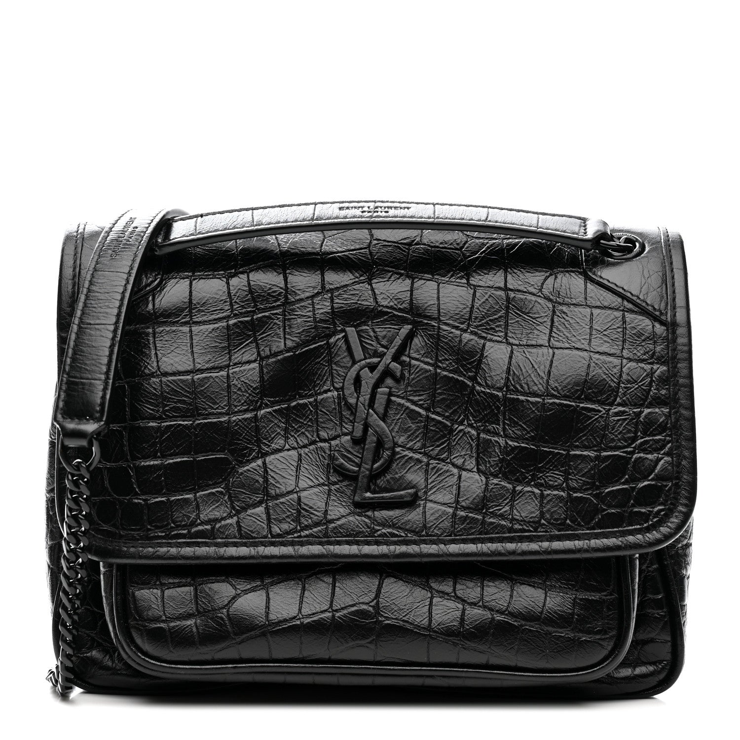 Saint Laurent Calfskin Crocodile Embossed Matelasse Monogram Baby Niki Chain Satchel Black 1 of 25