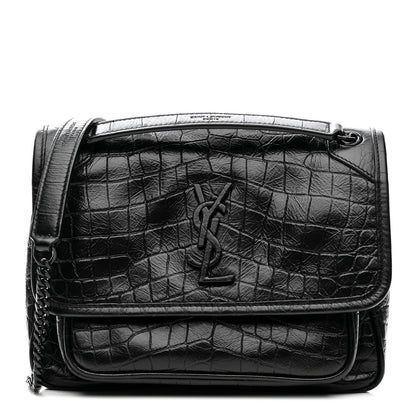 Saint Laurent Calfskin Crocodile Embossed Matelasse Monogram Baby Niki Chain Satchel Black 1 of 25