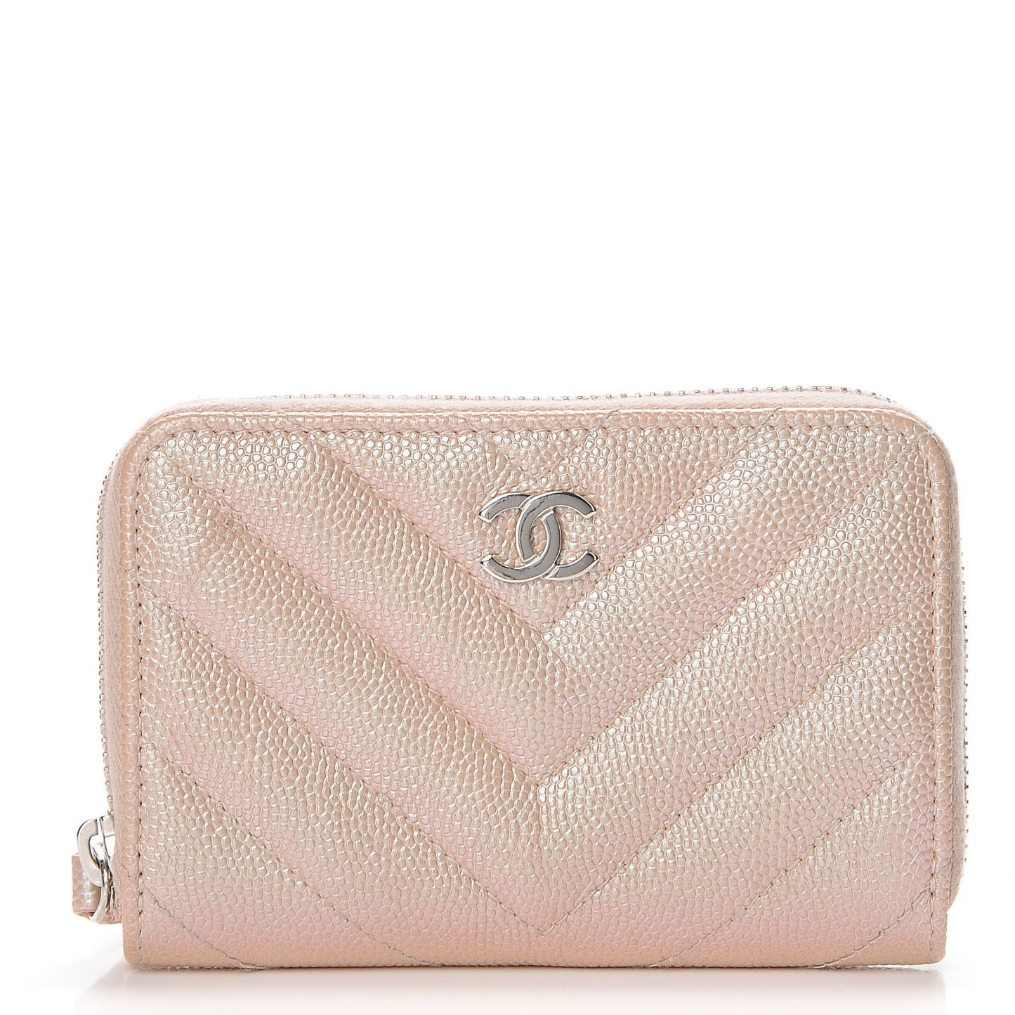 Metallic Caviar Chevron Quilted Zip Around Coin Purse Light Gold