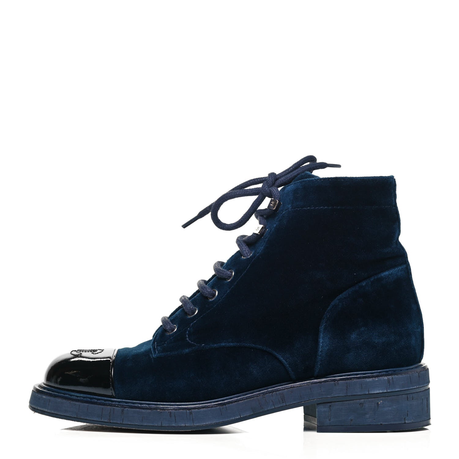 Chanel Velvet Patent Cap Toe CC Lace Up Combat Boots 39 Blue Black 1 of 7
