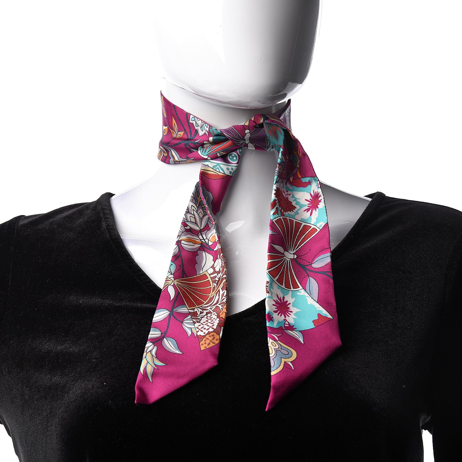 Hermes Silk Fleurs et Papillons de Tissus Twilly Fuchsia Turquoise Beige 2 of 5