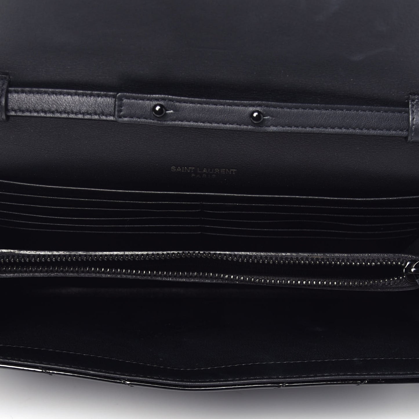 Patent Matelasse Chevron Monogram Chain Wallet Black