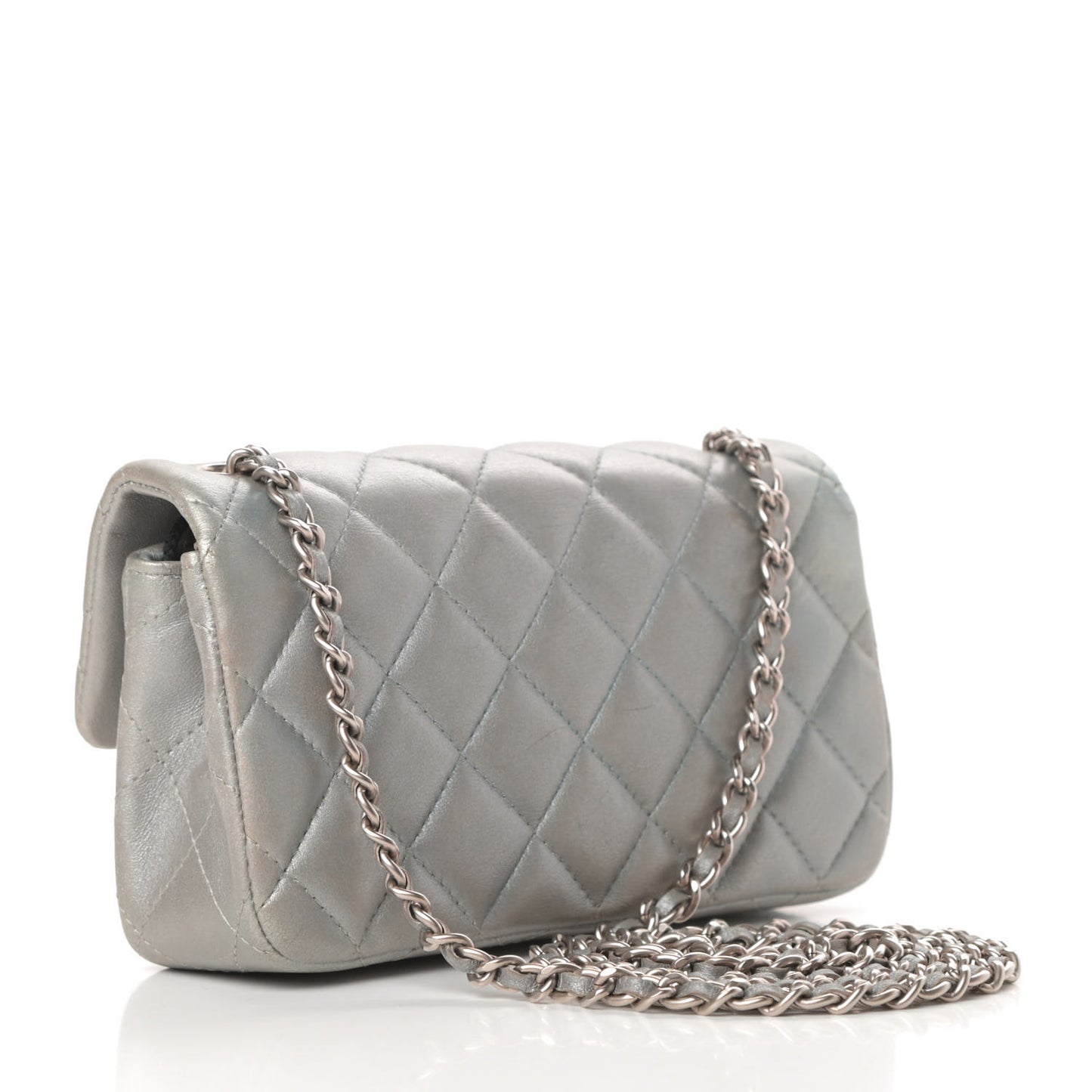 Metallic Lambskin Quilted Extra Mini Rectangular Flap Silver