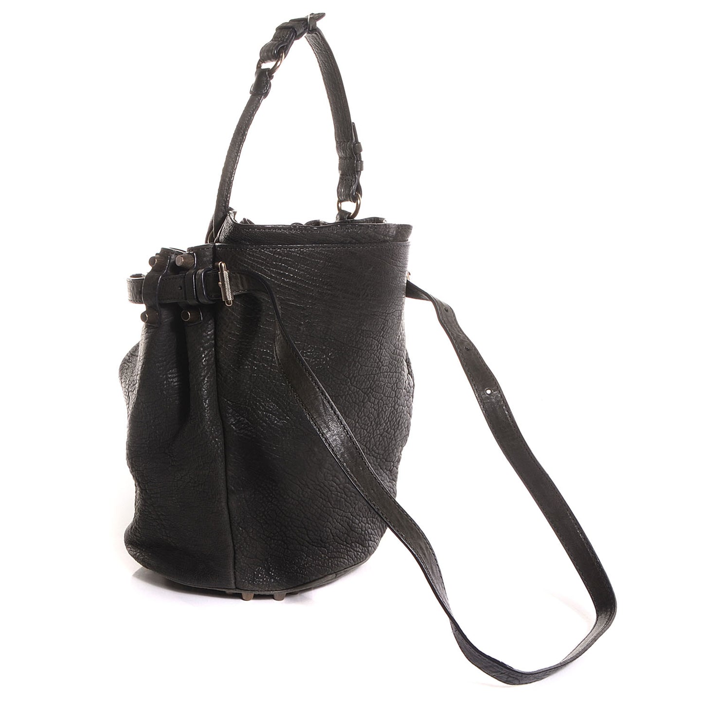 Pebbled Leather Antique Brass Diego Bucket Bag Charcoal