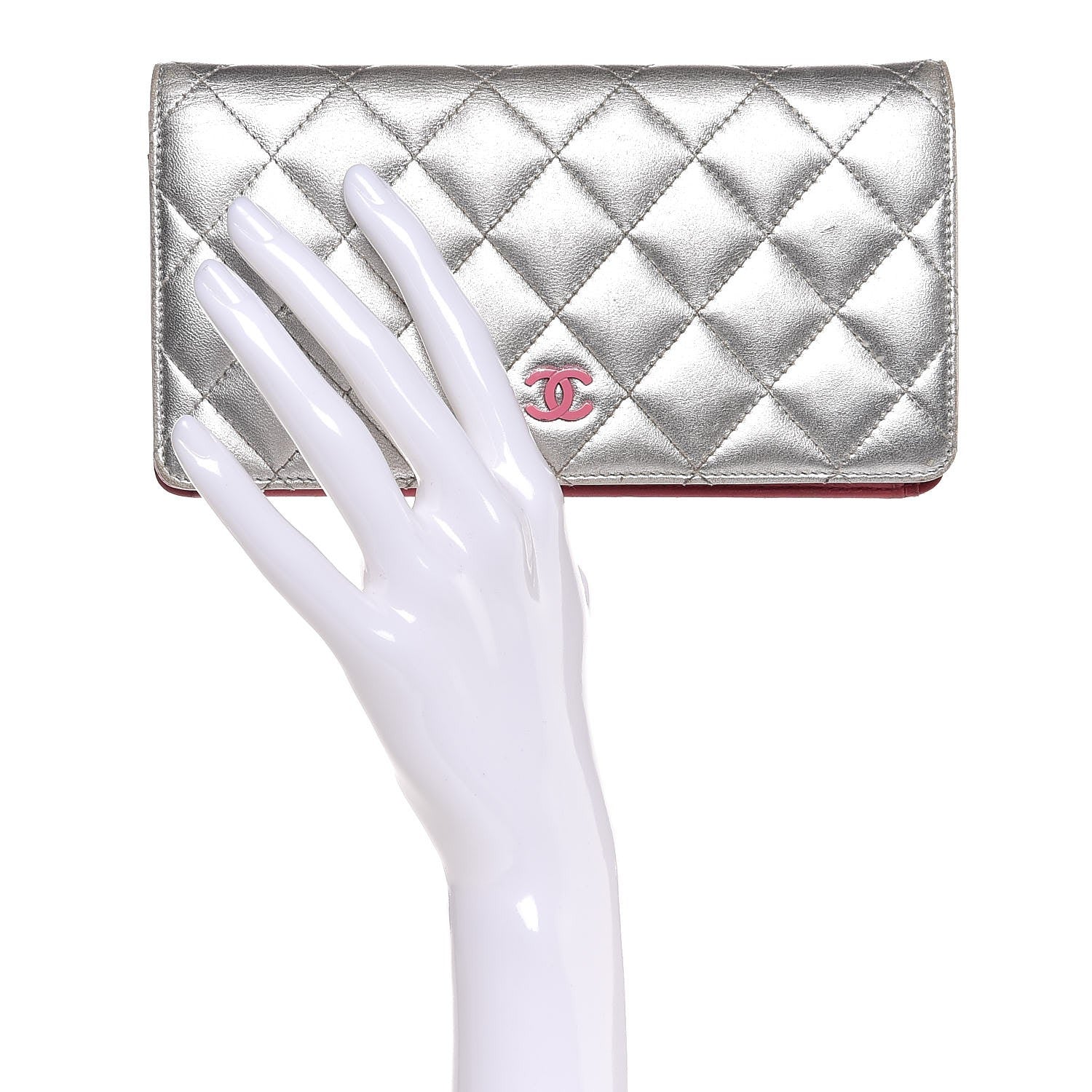 Chanel Metallic Lambskin Quilted Yen Wallet Silver Pink 2 of 13