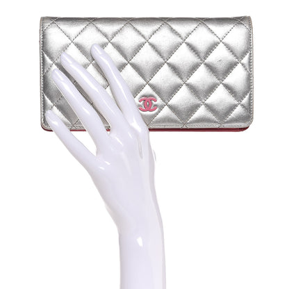 Chanel Metallic Lambskin Quilted Yen Wallet Silver Pink 2 of 13