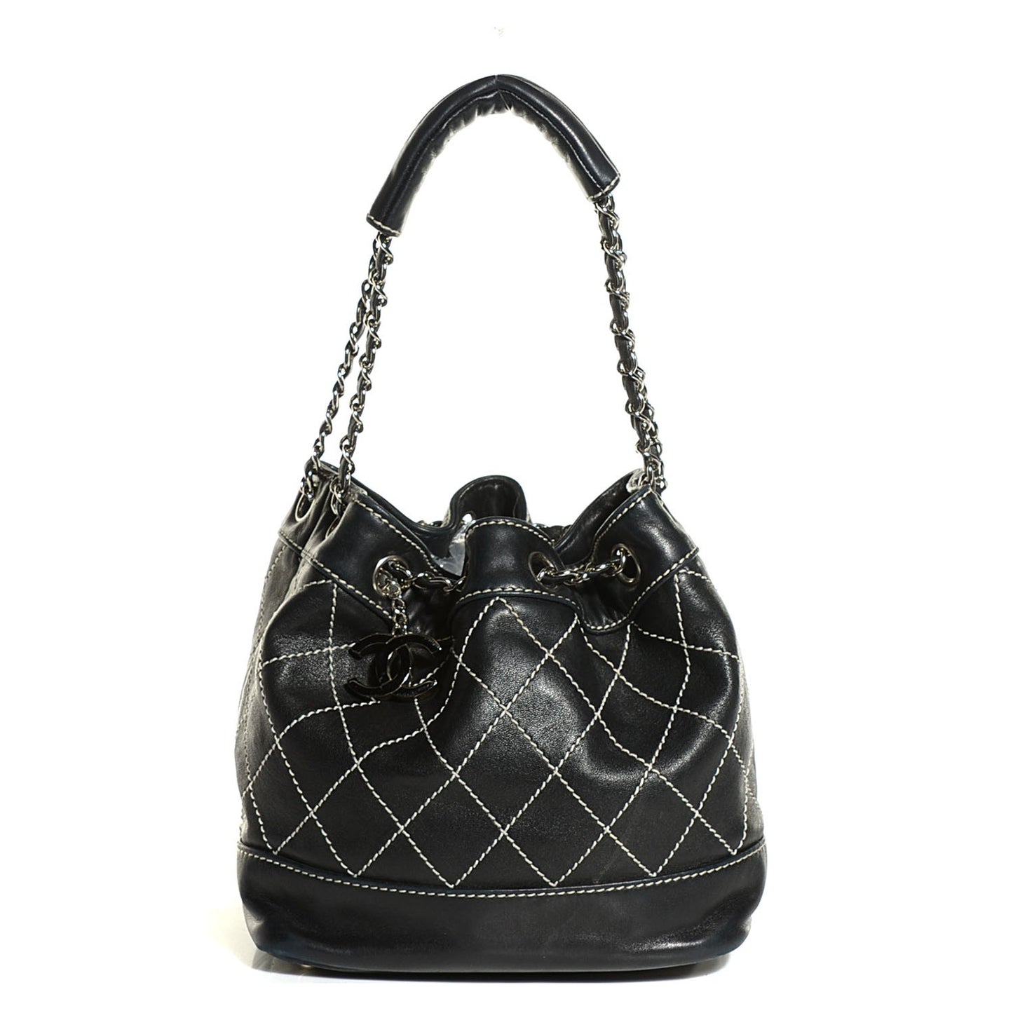 Lambskin Wild Stitch Drawstring Tote Black