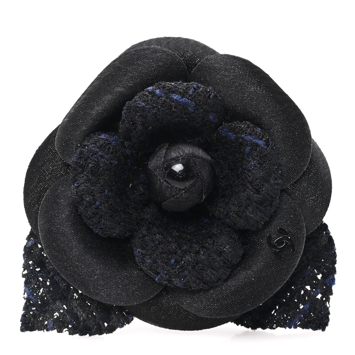 Chanel Tweed Camellia Pin Brooch Black 1 of 3