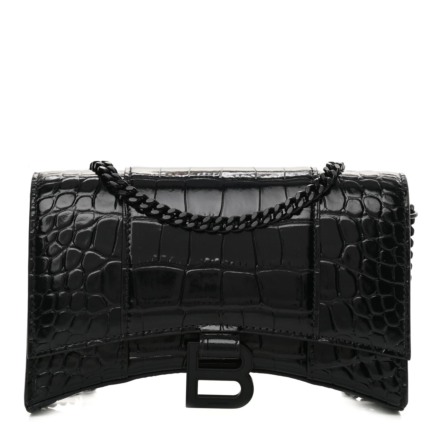 Shiny Calfskin Monochrome Crocodile Embossed Hourglass Chain Bag Black