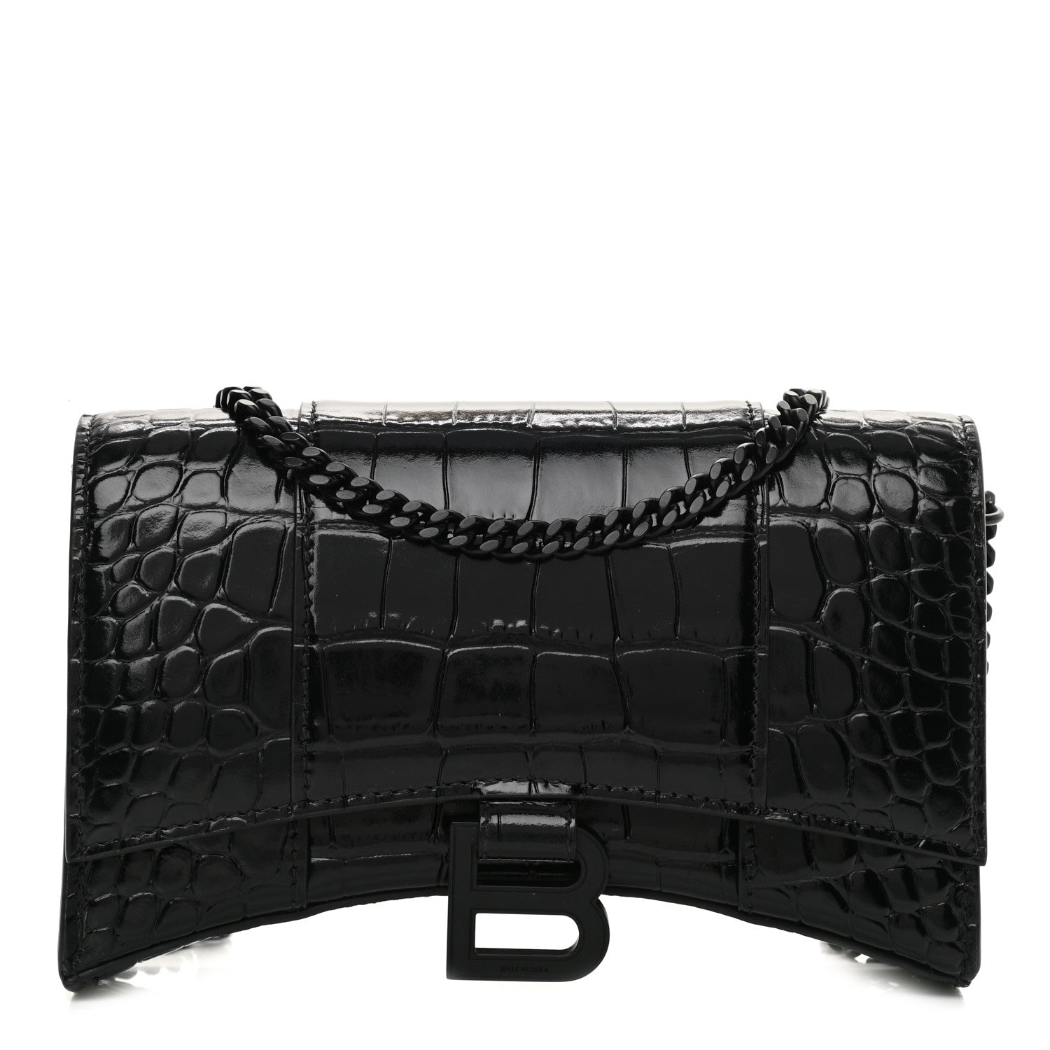 Balenciaga Shiny Calfskin Monochrome Crocodile Embossed Hourglass Chain Bag Black 1 of 15