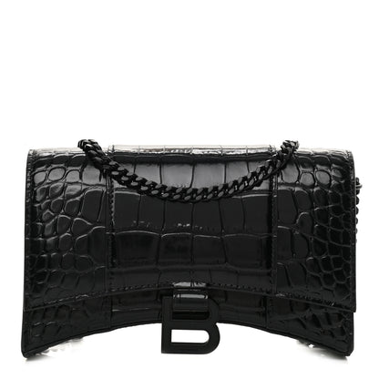 Balenciaga Shiny Calfskin Monochrome Crocodile Embossed Hourglass Chain Bag Black 1 of 15