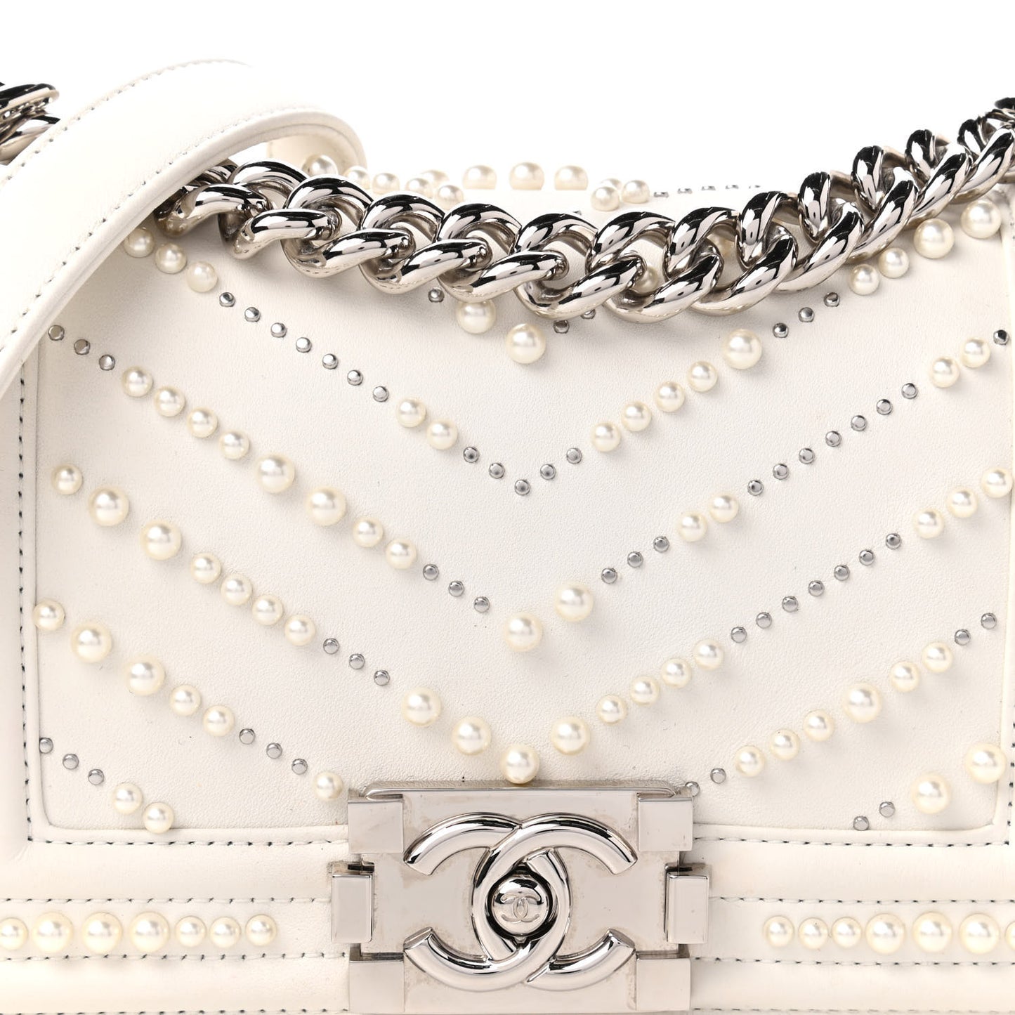 Calfskin Pearl Chevron Small Boy Flap White