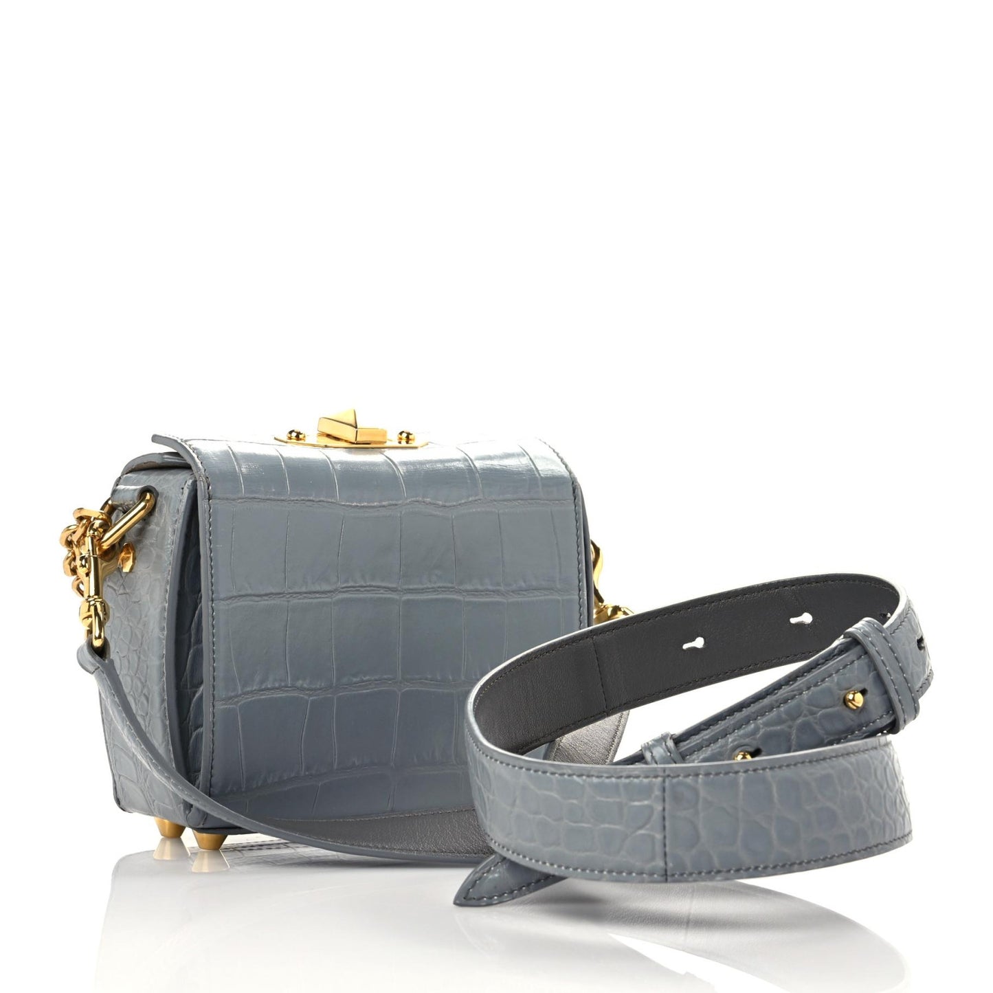 Calfskin Crocodile Embossed Box Shoulder Bag 16 Grey