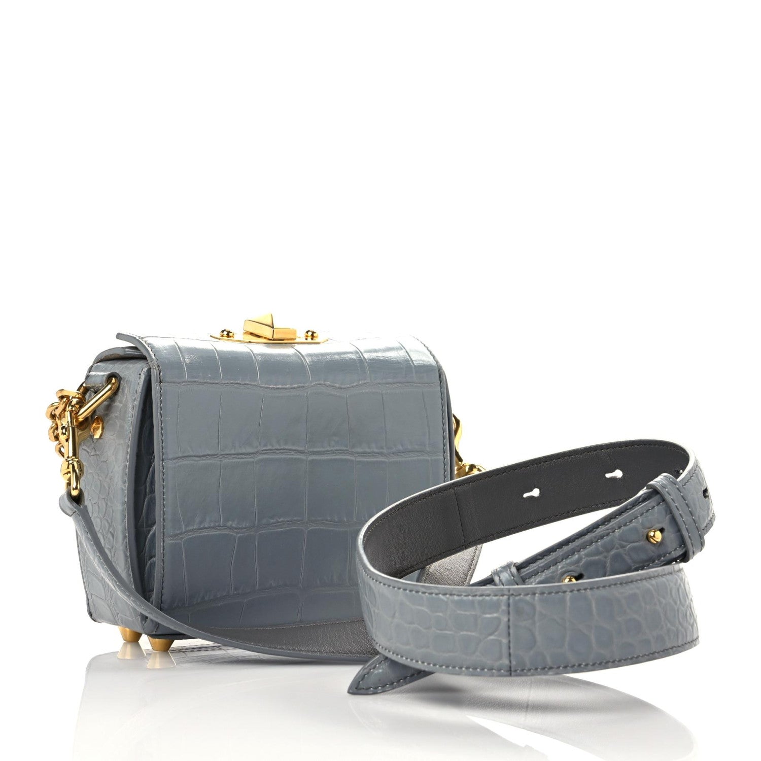 Alexander McQueen Calfskin Crocodile Embossed Box Shoulder Bag 16 Grey 3 of 20
