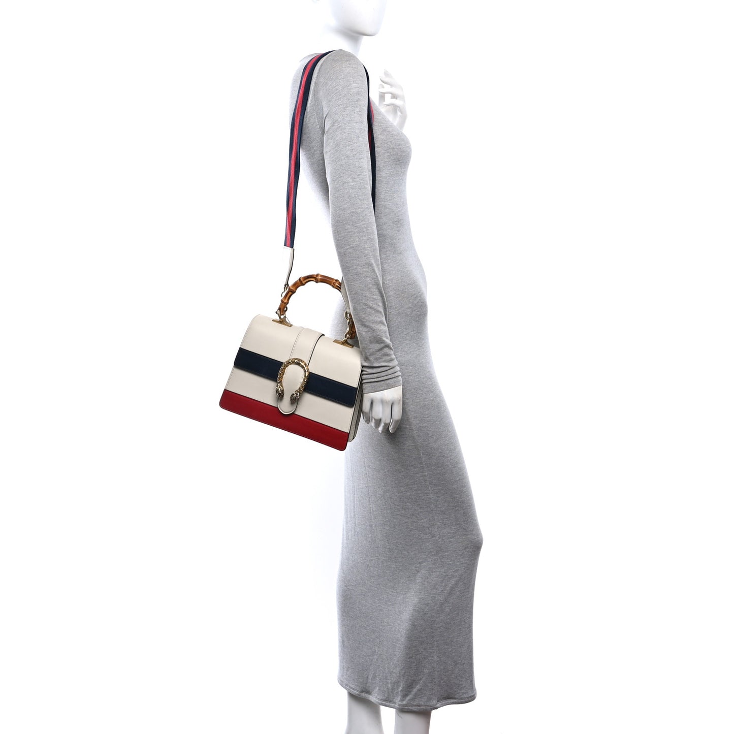 Calfskin Bamboo Web Medium Dionysus Top Handle Bag White Blue Hibiscus Red