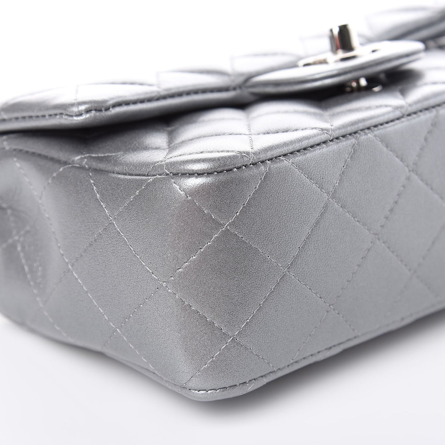 Metallic Lambskin Quilted Mini Rectangular Flap Silver