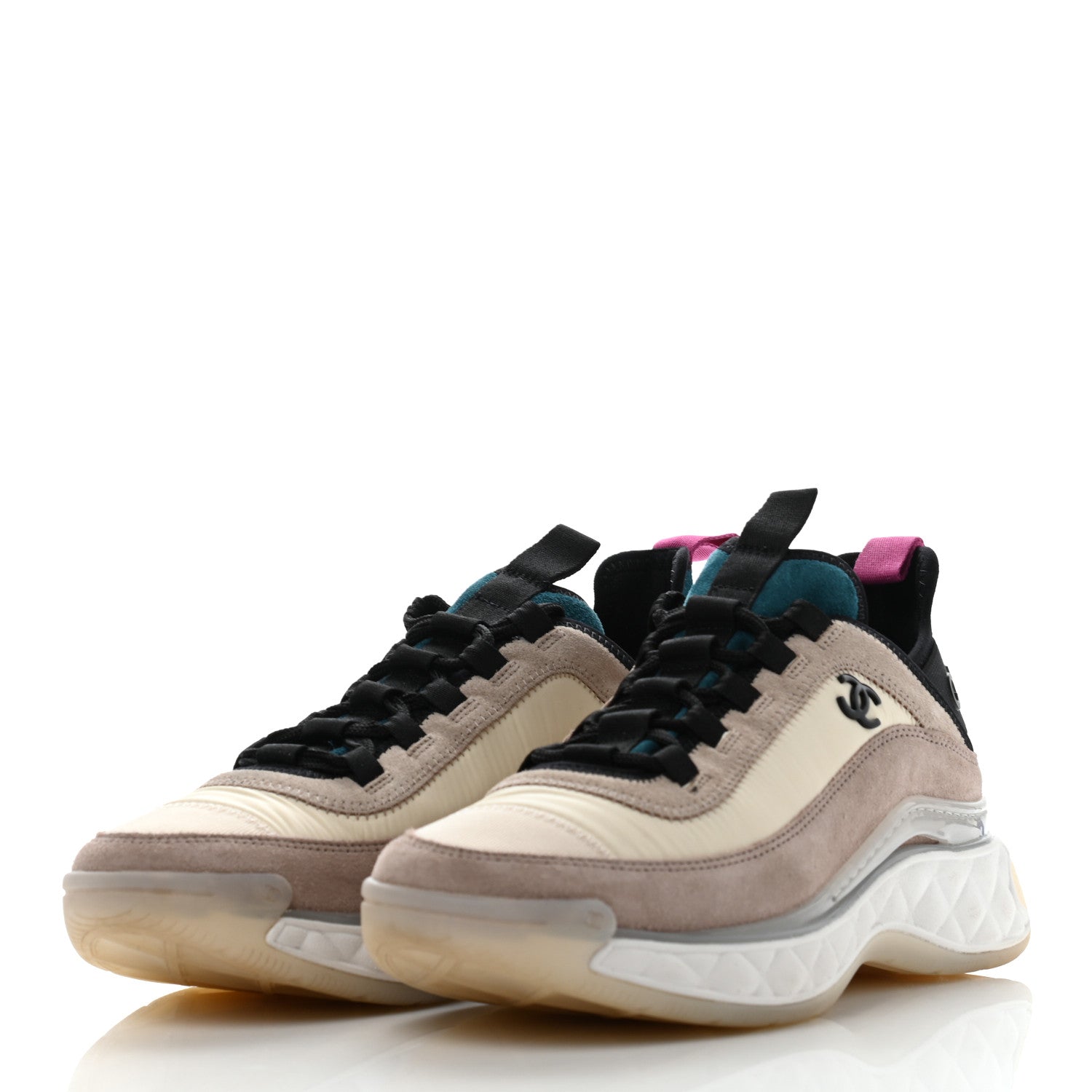 Chanel Suede Calfskin Nylon Grosgrain CC Sneakers 36.5 Beige Pink 3 of 13