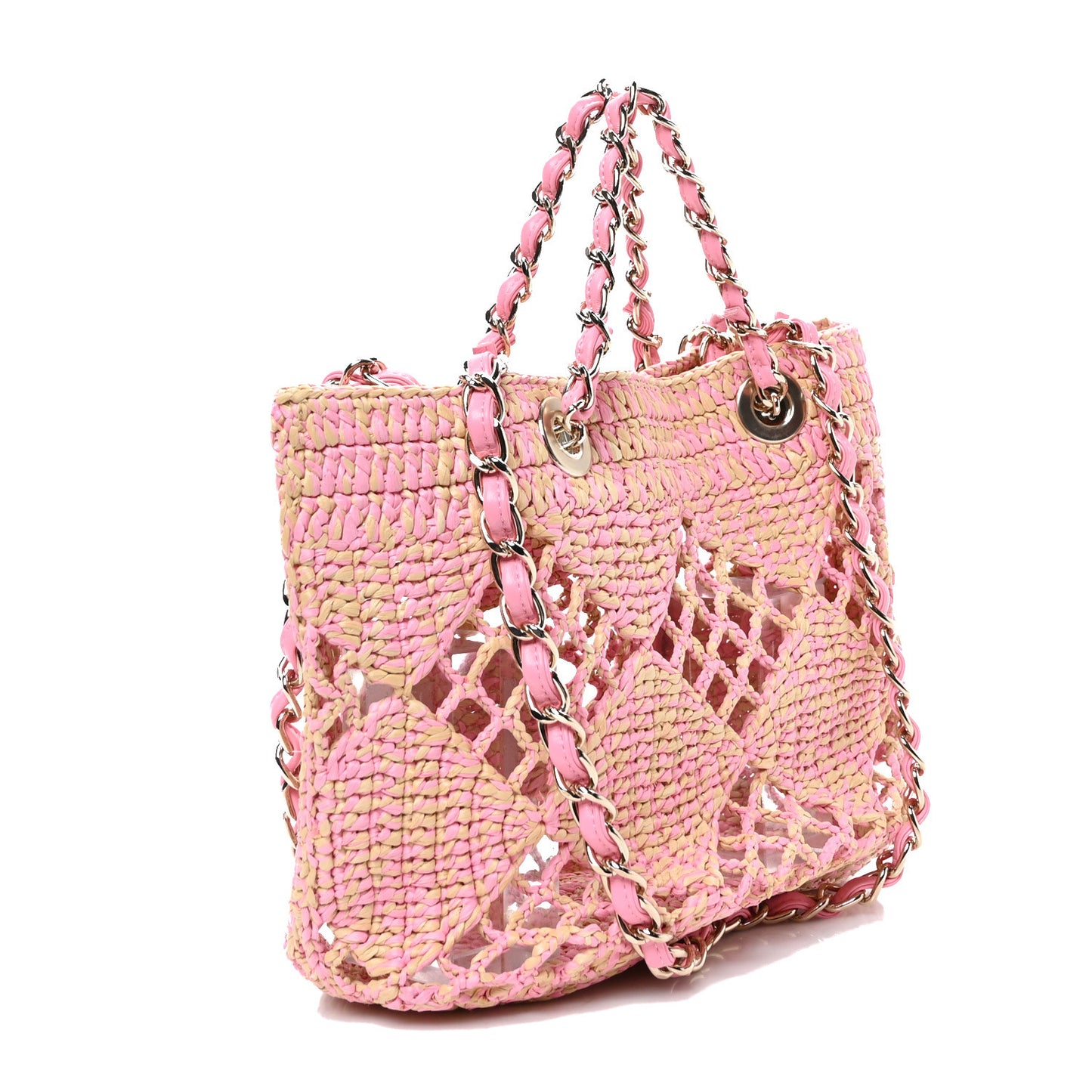 Raffia Effect Braided Small Shopping Bag Beige Pink